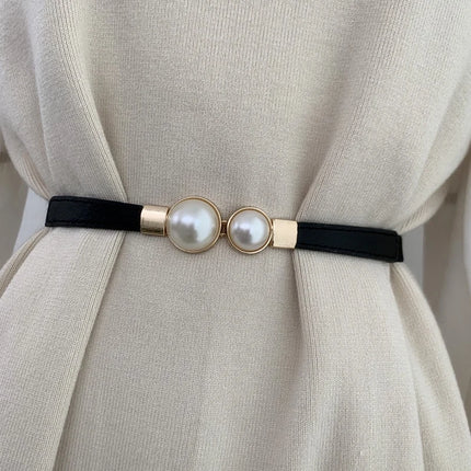 Double Pearl Buckle Elastic Waist Belt — Women’s PU Leather, 6 cm Wide