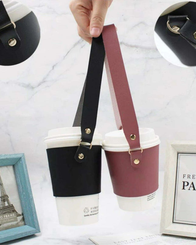 Leather Cup Holder with Strap - Stylish Drink Sleeve for Hot and Cold Drinks