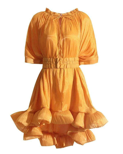 GALCAUR Women's Stylish High Waist A-Line Dress with Pleats and Lace-Up Detail, Round Neck, Short Sleeves