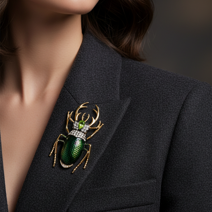 A close-up of a woman wearing a black blazer and a detailed beetle-shaped brooch on the lapel. The brooch features a metallic green body, gold legs and antennae, and a small crystal-encrusted collar.