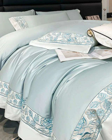 Luxury Rose Butterfly Embroidery 4-Piece Egyptian Cotton Bedding Set