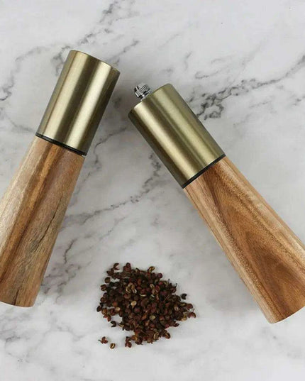 Elegant Acacia Wood and Stainless Steel Spice Grinder Duo - Tailored Grinding for Culinary Excellence