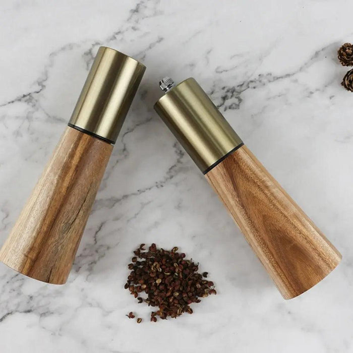Elegant Acacia Wood and Stainless Steel Spice Grinder Duo - Tailored Grinding for Culinary Excellence