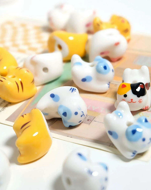 Charming Anime-Inspired Lucky Cat Ceramic Beads for Creative Jewelry Projects - 15x21mm Porcelain Essentials with Vertical Hole
