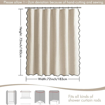 Waterproof Faux Linen Shower Curtain with Scalloped Edge – 14 Colours