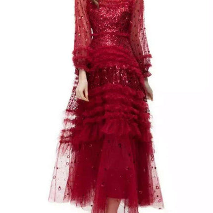 Elegant O-neck Layered Sequin High-Waist Dress for Women