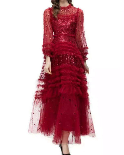 Elegant O-neck Layered Sequin High-Waist Dress for Women