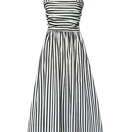 Elegant Black Striped Pleated Sleeveless Long Strap Dress for Women - Spring/Summer 2024 Fashion