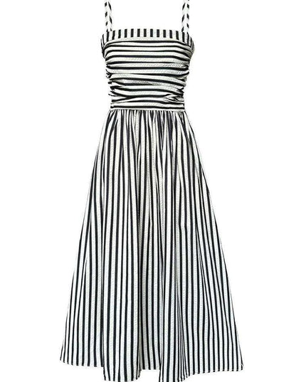Elegant Black Striped Pleated Sleeveless Long Strap Dress for Women - Spring/Summer 2024 Fashion