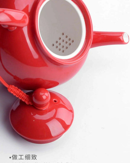 Elegant Red Ceramic Chinese Wedding Tea Ceremony Set - Exquisite Teapot and Teacups for Memorable Celebrations