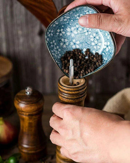Stylish Wooden Salt and Pepper Grinder Set with Adjustable Ceramic Mechanisms and Elegant Stand