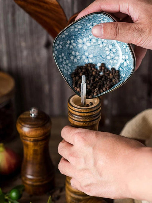 Stylish Wooden Salt and Pepper Grinder Set with Adjustable Ceramic Mechanisms and Elegant Stand