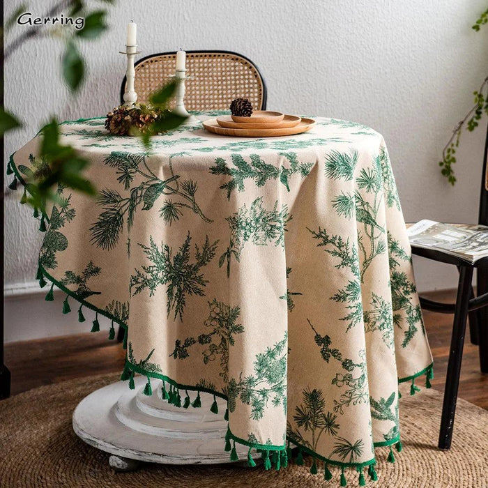 Refined Green Floral Cotton Linen Table Cover