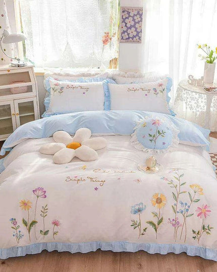 Pastoral Elegance: Embroidered Floral Cotton Bedding Set with Ruffled Details - Duvet Cover, Flat & Fitted Sheets, Pillowcases