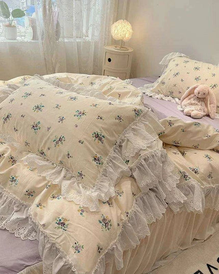 Elegant Floral Lace Ruffled Cotton Bedding Collection with Duvet Cover, Bed Skirt, Fitted Sheet, and Pillowcases