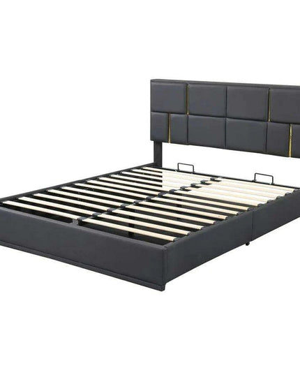 Regal Black & Gold LED Queen Bed Frame with Stylish Ottoman Storage