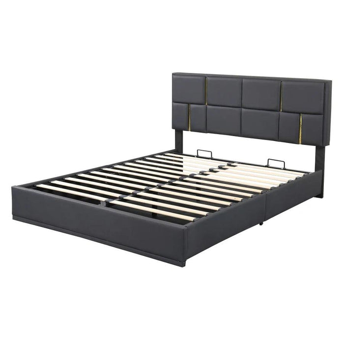 Regal Black & Gold LED Queen Bed Frame with Stylish Ottoman Storage