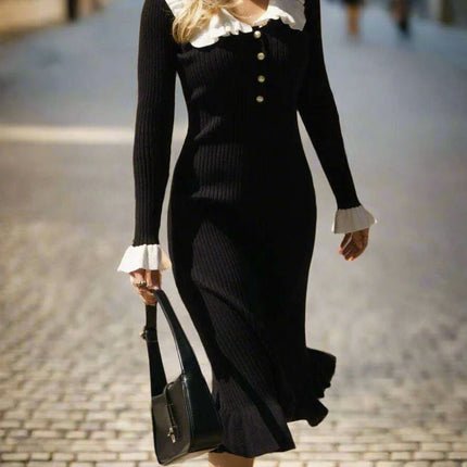 Elegant Vintage Ruffled Knit Maxi Dress - Long Sleeve Gown for Celebrations and Gatherings