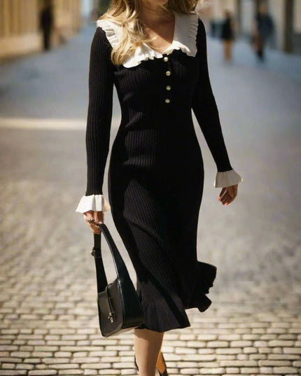 Elegant Vintage Ruffled Knit Maxi Dress - Long Sleeve Gown for Celebrations and Gatherings