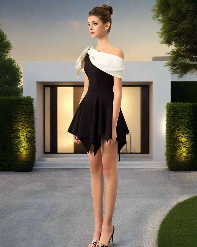Chic Contrast Color Bowknot Mini Dress with Irregular Slash Neck for Women - DEAT Summer Collection 2024