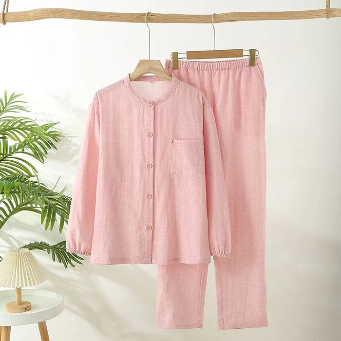 Cozy Cotton Pajama Set for Men and Women - Long Sleeve Top and Trousers, Comfortable Home Wear in Solid Colors