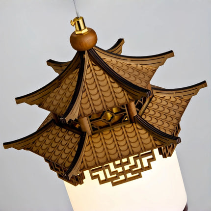 Solid Wood & Glass LED Pendant Light — Oriental Design, E27, Tri-Color