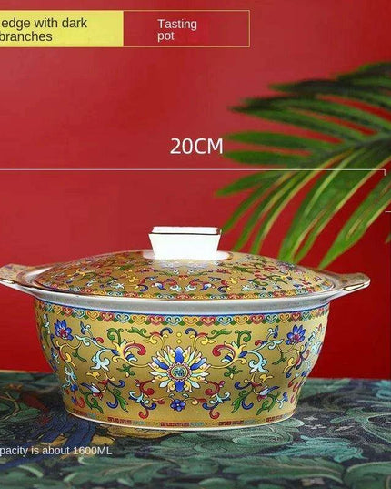 Authentic Elegant Under-glazed Ceramic Soup Pot with Lid and Spoon - Large Round Design with Gold Accents for Chinese Dining and Decor