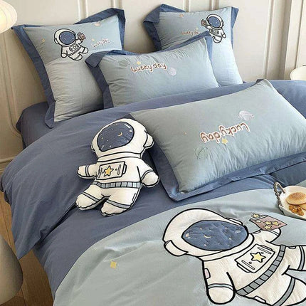 Charming Blue Cartoon Astronaut Embroidered 100% Cotton Boys Bedding Set - Single Duvet Cover, Sheet & Pillowcases - Ideal Gift for Little Explorers
