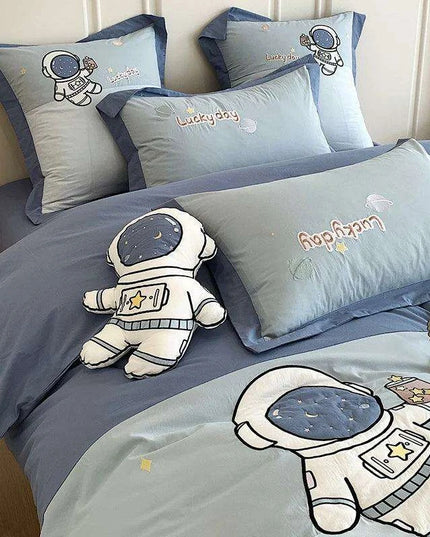 Charming Blue Cartoon Astronaut Embroidered 100% Cotton Boys Bedding Set - Single Duvet Cover, Sheet & Pillowcases - Ideal Gift for Little Explorers