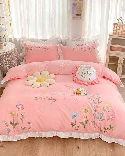 Pastoral Elegance: Embroidered Floral Cotton Bedding Set with Ruffled Details - Duvet Cover, Flat & Fitted Sheets, Pillowcases