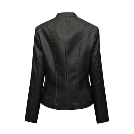 Retro Chic Women's Faux Leather Biker Jacket - Stylish Zip-Up Coat with Elegant Lapel