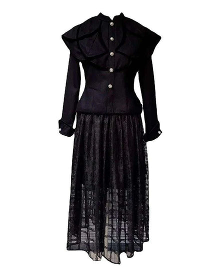 Chic Black Coat and Tulle Skirt Set with Floral Detail for Women - Fall 2024 Collection 13DB1739