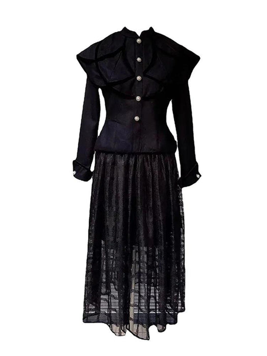 Chic Black Coat and Tulle Skirt Set with Floral Detail for Women - Fall 2024 Collection 13DB1739