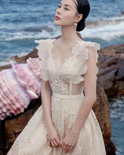 Embroidery Hollow V-Neck Lace Dress