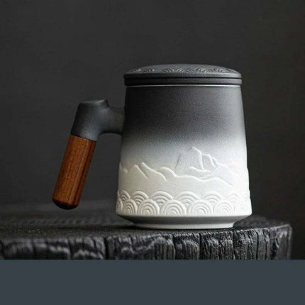 Handcrafted Vintage Porcelain Mug Set with Integrated Strainer