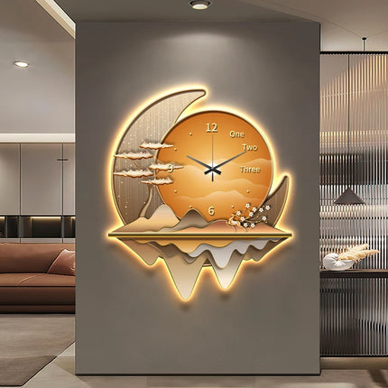 Light Luxury Silent Wall Clock & Lamp | Decorative Living Room Statement Piece
