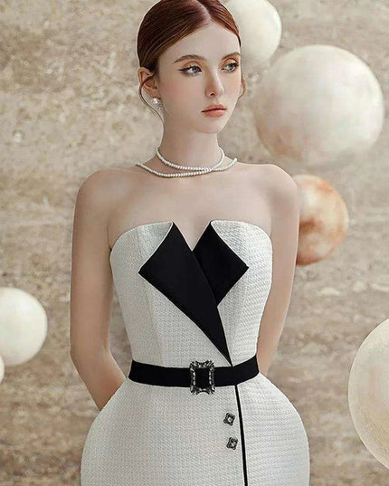 Elegant Strapless Jacquard Party Dress with Color Contrast Accents