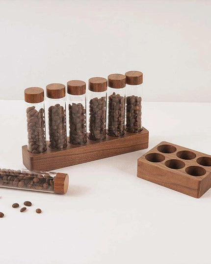 Stylish Walnut Base Coffee Bean Display Organizer with Elegant Glass Tubes