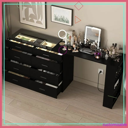 Black LED Vanity Desk with Power Outlets, 8 Drawers & 3 Shelves, Extendable Modern Dressing Table black-led-vanity-desk-with-power-outlets-8-drawers-3-shelves-extendable-modern-dressing-table