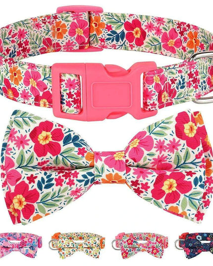 Floral Patterned Adjustable Dog Collar with Bowknot - Padded Nylon for All Breeds