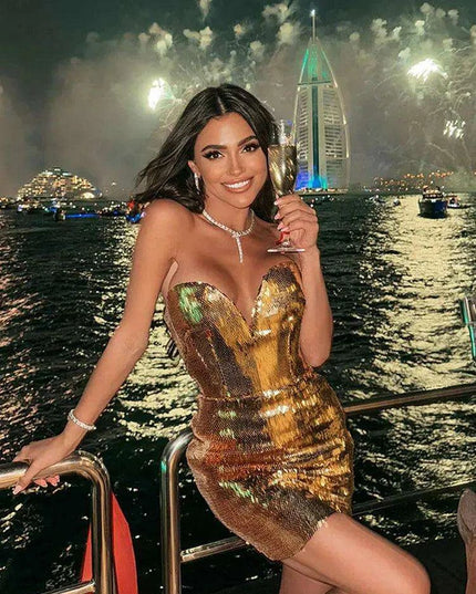Glistening Gold Sequin Strapless Bodycon Mini Dress for Women