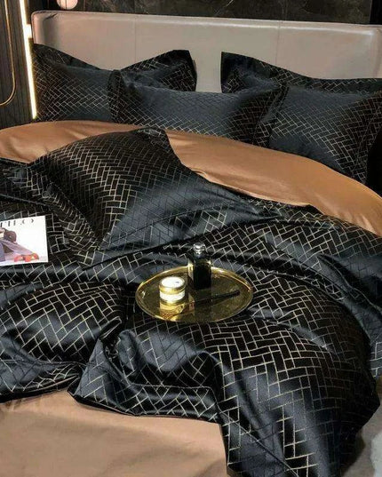 Luxurious Black and Gold Jacquard Egyptian Cotton Duvet Cover Set - 4/6 Piece Collection for Cal King and Queen Sizes with Sheets & Pillowcases