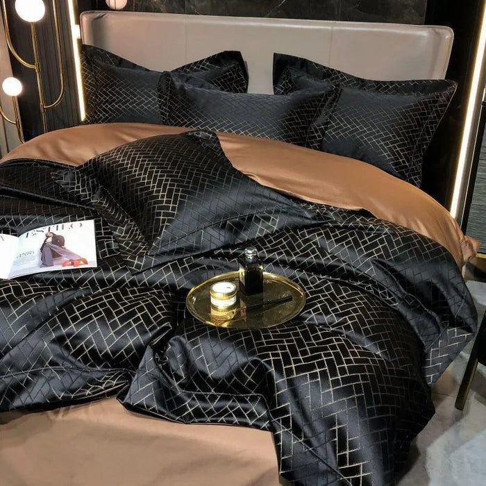 Luxurious Black and Gold Jacquard Egyptian Cotton Duvet Cover Set - 4/6 Piece Collection for Cal King and Queen Sizes with Sheets & Pillowcases