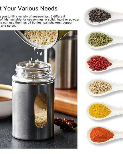 Stylish Rotating Glass Spice Dispenser Set with Stainless Steel Lids - Trio of Seasoning Jars