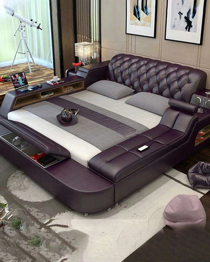 Luxury Leather Bed Frame with Massage, Storage, Safety, Speaker, and LED Lights - Deluxe Bedroom Furniture Collection