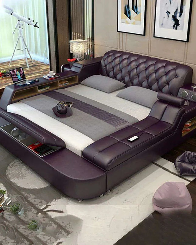 Luxury Leather Bed Frame with Massage, Storage, Safety, Speaker, and LED Lights - Deluxe Bedroom Furniture Collection
