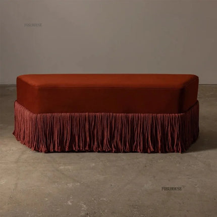 Velvet Ottoman Footstool — Upholstered Fringe Bench & Shoe Stool