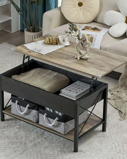 Modern Lift Top Coffee Table with Hidden Storage and Fabric Organizers - Elegant Dark Walnut Finish