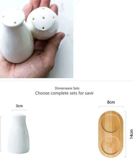 Ceramic Salt and Pepper Shaker Set with Bamboo Tray in Farmhouse Style