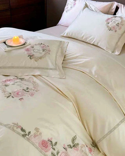 Luxurious 1000TC Egyptian Cotton Floral Embroidered Bedding Set - Cream, Pink, and Green Duvet Cover, Sheet, and Pillowcases